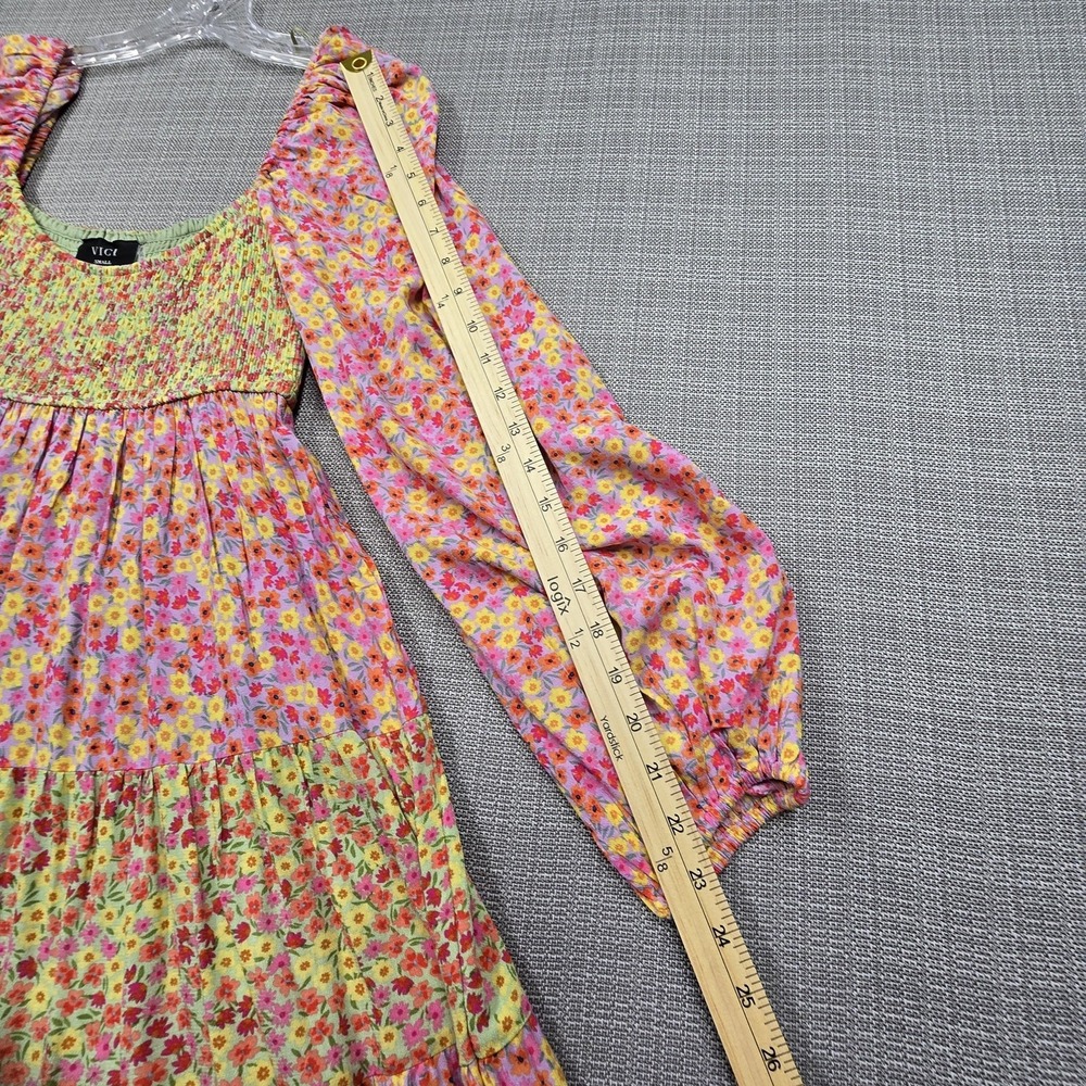 VICI Dress Womens Small Multicolor Floral Smocked Long Sleeve Boho Trapeze Swing - Picture 6 of 12